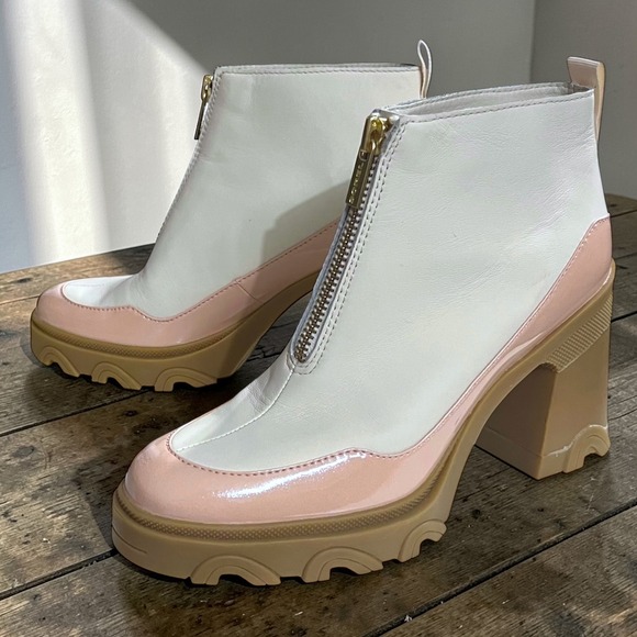 Sorel Shoes - Sorel Brex Boot Front Zip Leather Ankle Boots White Pink Chunky Heel Lug Sole